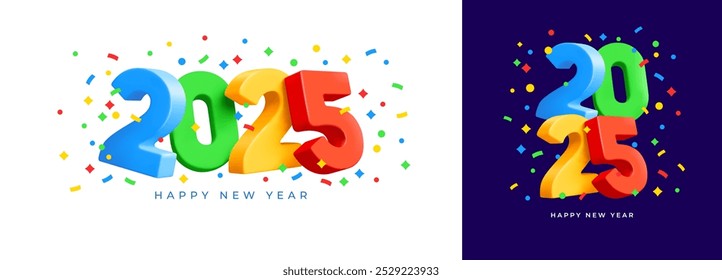 Feliz Ano Novo 2025 Modelos definidos com números realistas 3d multicoloridos 2025. Design elegante e bonito para banner, cartaz, cartão, calendário e mídias sociais. Ilustração premium do vetor