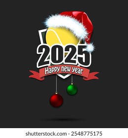 Happy new year 2025. Tennis logo template design. Tennis ball in santa hat. Design pattern for greeting card, banner, poster. Vector illustration on isolated background