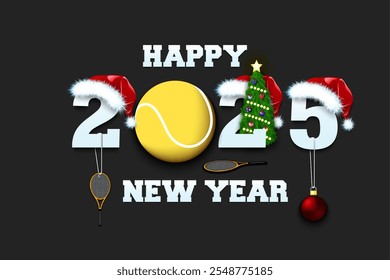 Frohes neues Jahr. 2025 mit Tennisball. Zahlen in Weihnachtsmützen mit Tennisschläger und Weihnachtsbaumball. Ursprüngliches Vorlagendesign für Grußkarte. Vektorgrafik auf isoliertem Hintergrund