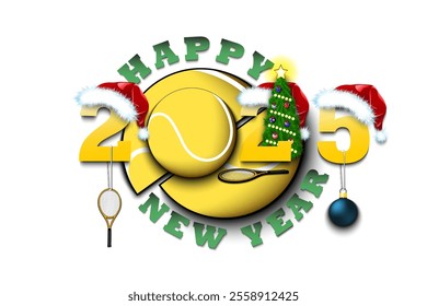 Happy new year. 2025 with tennis ball. Numbers in Christmas hats with racket and Christmas tree ball. Original template design for greeting card. Vector illustration on isolated background