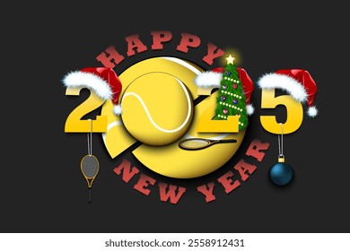 Happy new year. 2025 with tennis ball. Numbers in Christmas hats with racket and Christmas tree ball. Original template design for greeting card. Vector illustration on isolated background