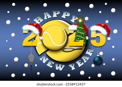 Happy new year. 2025 with tennis ball. Numbers in Christmas hats with racket and Christmas tree ball. Original template design for greeting card. Vector illustration on isolated background