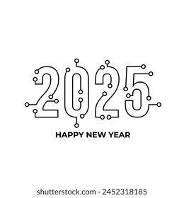 Happy new year 2025 text design with high tech circuit board texture. Vector illustration.