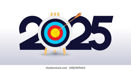 Feliz Año Nuevo 2025 diseño de números de texto. Feliz año nuevo 2025 con Anuncio de concepto de negocio. El gran número blanco del año 2025 con el icono de Target. Planificación de los conceptos de objetivo y éxito.