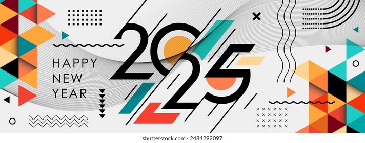 feliz año nuevo 2025 diseño de texto con caligrafía moderna y estilo de fondo geométrico abstracto. Anuncio de tarjeta de felicitación creativa para 2025 líneas coloridas. Última Ilustración vectorial.