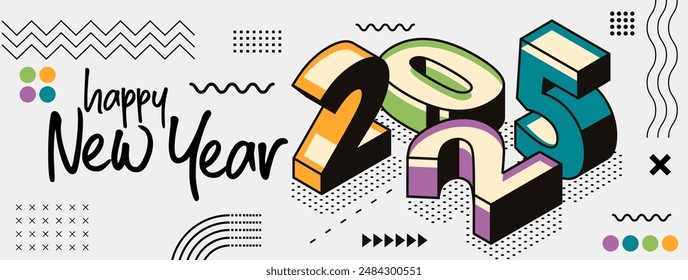 happy new year 2025 text design with modern calligraphy and abstract geometric background style. Creative Greeting card banner for 2025 colorful block numbers. Latest isometric Vector illustration.