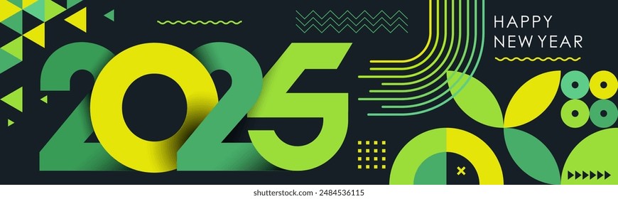 happy new year 2025 text design with modern calligraphy and dark background style. Creative Greeting card banner for 2025 clean energy colorful vegan green yellow lines. Latest Vector illustration.