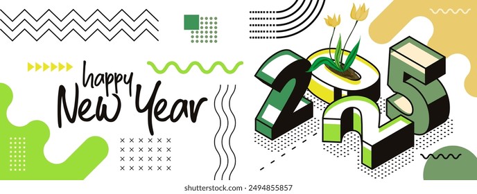 feliz año nuevo 2025 diseño de texto con modernas plantas de caligrafía estilo de fondo. Anuncio de tarjeta de felicitación creativa para 2025 líneas de energía limpia colorido verde vegano amarillo. Ilustración vectorial isométrica.