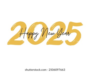 Happy New Year 2025 text design. Cover of business diary for 2025 new year with wishes. Happy New Year 2025 with calligraphy and gold brush-painted text effects.