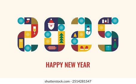 Feliz año nuevo 2025 diseño de texto. Diseño geométrico moderno con tipografía Grande para tarjeta, invitación, Anuncio, Plantilla, cartel, volante, portada y publicación en redes sociales para el año 2025.