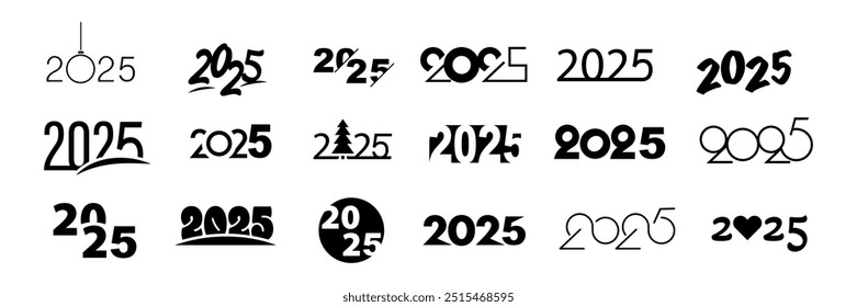 Happy New Year 2025 text design template. Calligraphy black numbers 2025.  Collection typography logo design for holiday cover, banner and card. Vector illustration.