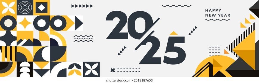 happy new year 2025 text design with modern abstract geometric background style. Creative Greeting card banner for 2025 colorful elements. Latest Vector illustration.