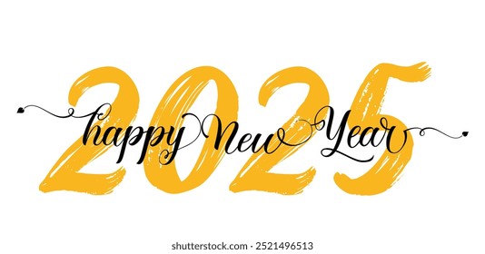 Happy New Year 2025 text design. Cover of business diary for 2025 with wishes. Brochure design template, card, banner. 2025 New Year with calligraphy and brush strokes.