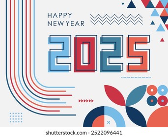 Feliz Año Nuevo 2025 diseño de texto con caligrafía moderna y estilo de fondo geométrico abstracto. Anuncio creativo de la tarjeta de felicitación para 2025 líneas coloridas. Última Ilustración vectorial.