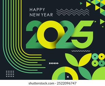 happy new year 2025 text design with modern calligraphy and dark background style. Creative Greeting card banner for 2025 clean energy colorful vegan green yellow lines. Latest Vector illustration.