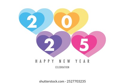 happy new year 2025 text background design template four color in heart shape, isolated on white background.