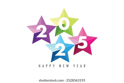 happy new year 2025 text and star shape background design template, isolated on white background.