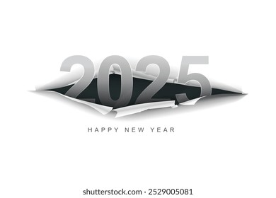 Feliz ano novo 2025 design de texto com papel rasgado