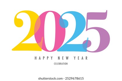 happy new year 2025 text number yellow pink blue sky and purple color background design template, isolated on white background.