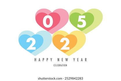 Feliz Año Nuevo 2025 Número de texto Azul Cielo Naranja Lima Verde y Rosa Color de fondo Diseño Plantilla en forma de corazón, aislado sobre fondo blanco.