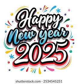 Feliz Año Nuevo 2025 diseño de texto con caligrafía moderna y estilo de fondo abstracto. Anuncio creativo de la tarjeta de felicitación para las líneas coloridas 2025