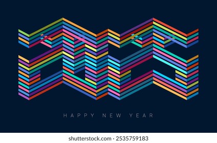 Happy New Year 2025 text design. Abstract numbers with stripes and color blocks isolated on black background. Elegant vector illustration in modern style for holiday calendar or greeting card