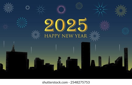 Happy New Year 2025 text logo art poster cover modern fireworks display cityscape festive new year celebration banner poster background celebration greeting party