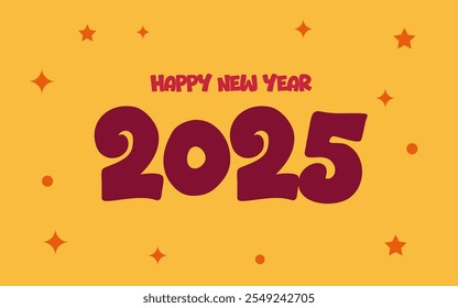 Happy New Year 2025 text design. Children's book cover for the new year 2025 with wishes. Happy New Year 2025 in a cute style.