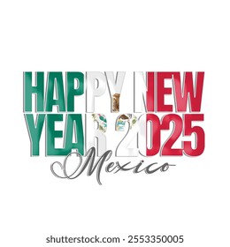 happy new year 2025 text vector illustration with flag Mexico