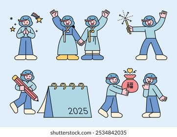 Feliz año Nuevo 2025. Un personaje coreano tradicional que hace deseos, da regalos, hace resoluciones del Año Nuevo y saluda a la gente para dar la bienvenida al Año de la Serpiente.