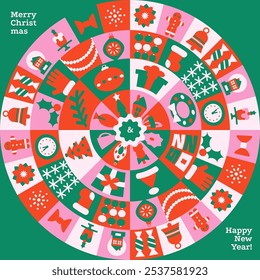 Happy New Year 2025 trendy minimal greeting card concept. Christmas design in modern minimalist geometric style. Colorful illustration in flat style. Round shape with geometrical patterns.Flat vector