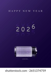 Feliz ano novo. 2025 se transforma em 2026. Bateria de prata incompleta com brilhante prateado roxo preencher o processo de carregamento. Fundo roxo escuro