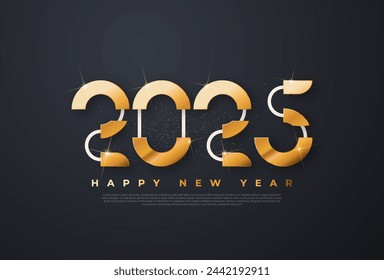 Happy new year 2025 typographic text poster design celebration. Glowing golden numbers and dark background vector illustration.