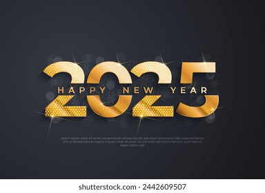 Happy new year 2025 typographic text poster design celebration. Glowing golden numbers and dark background vector illustration.