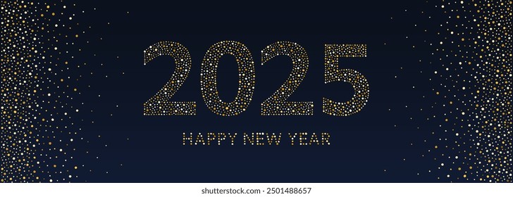 Happy New Year 2025 typographic composition, greeting card, banner. Big gold numbers, letters, characters made of hand drawn golden foil spangles, sparkles, sparks, glittering dots. Dotted borders.