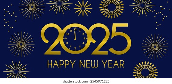 Feliz año Nuevo 2025 composición tipográfica, tarjeta de felicitación, Anuncio. Grandes números de oro, letras, personajes hechos de lentejuelas de papel de oro dibujadas a mano, destellos, chispas, puntos brillantes. Fronteras punteadas.