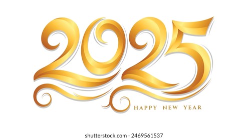 Happy new year 2025 typography with golden caligraphic hand drawn design 