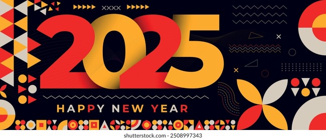 Happy New Year 2025 typography greeting card banner with red and yellow geometric patterns and text design on a dark background