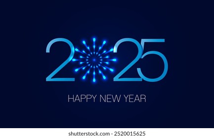 Happy new year 2025 typography text celebration poster design. glowing blue number with blue fireworks explosion element and dark sky background vector illustration.