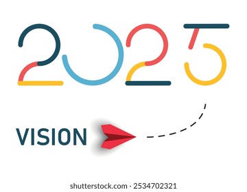 Happy new year 2025. Typography logo 2025 red airplane flying to the vision. new year vision ,mission goal idea concept.