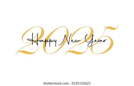 Happy New Year 2025 typography design. 2025 logo text design with the handwritten golden number for greeting card or poster and sparkling star confetti isolated on a white background