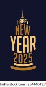 Feliz Ano Novo 2025 com estilo tipográfico. Usado para cartões comemorativos com um fundo vertical azul.