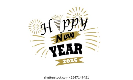 Happy new year 2025 typography greeting card, poster, banner with celebration elements. Happy new year walpaper.