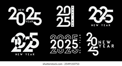 Happy New Year 2025 typography set. Collection of New Year 2025 numbers design. 2025 Modern Text Design. Bold and Minimalist New Year Vector Art. Sleek New Year Design for Decoration and Marketing