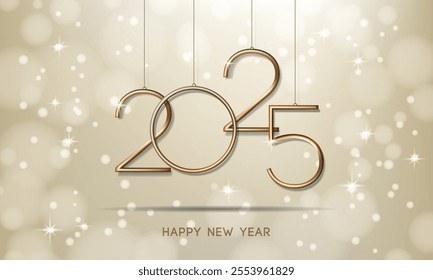 Happy New Year 2025 Typography Logo Design with golden bokeh light.  Vector illustration.