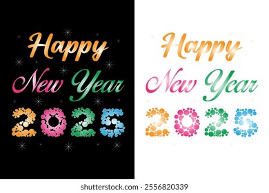   "Happy New Year 2025" typography design. perfect for greeting cards, social media graphics, and more. available in black and white versions for easy customization.