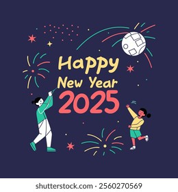 Happy new year 2025 typography greeting card, poster, banner with celebration elements.