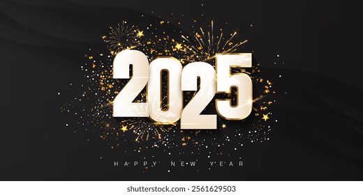 Happy New Year 2025 typography design with golden ribbon, fireworks, light effect, and shiny star. The new year 2025 design on a luxury black background. Merry Christmas and New Year design art. 