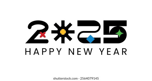 Happy New Year 2025 typography. Trendy geometric element. Cool background. Playful abstract shape sticker. Brutalism aesthetic modern font type. Retro style design. Colorful flat vector illustration.