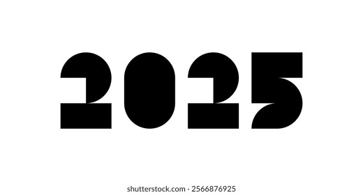 Happy New Year 2025 typography. Trendy geometric element. Cool background. Modern style vector illustration. Isolated black color on a white background. 